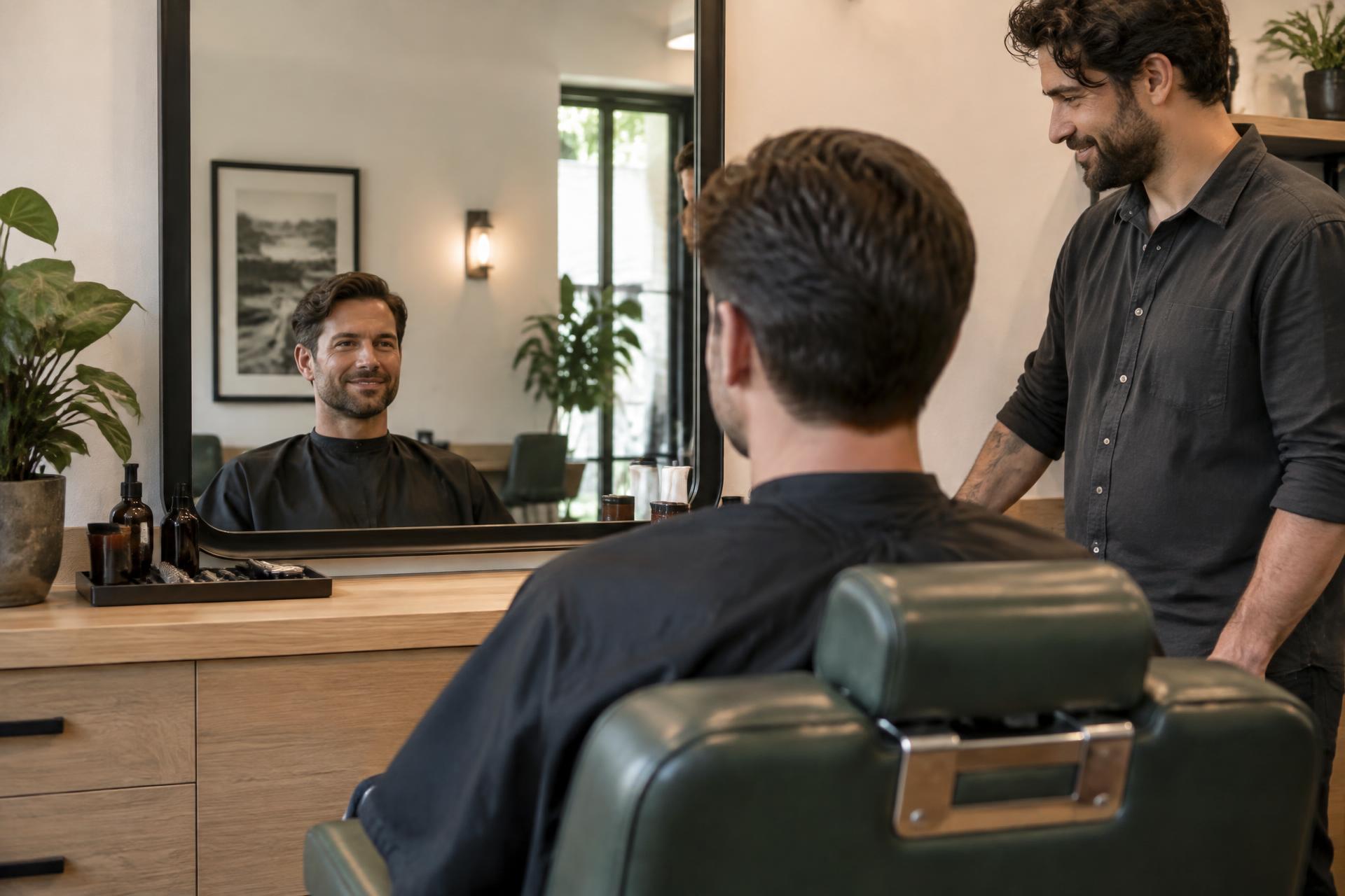 Client seeing his finished haircut in the mirror